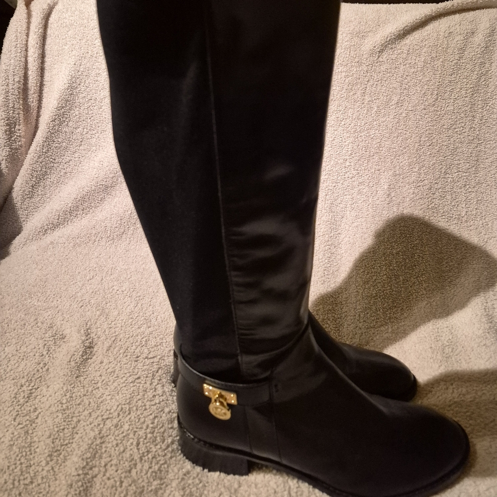 Michael Kors Black Leather Riding Boots | Gold Zip & Hardware | Women’s 7